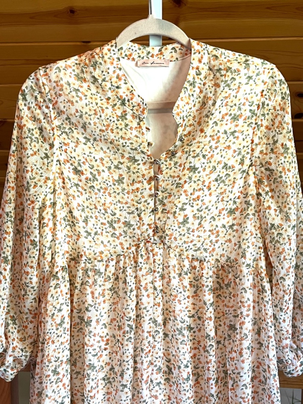 Floral Babydoll Long Sleeve Flowy Chiffon Tunic Dress in Peach and Green Size S - Picture 2 of 7